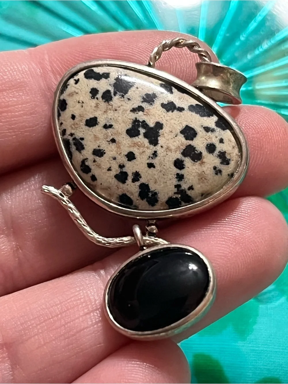 Vintage Whitney Kelly Sterling Silver 925 Dalmatian Jasper Black Onyx Pendant